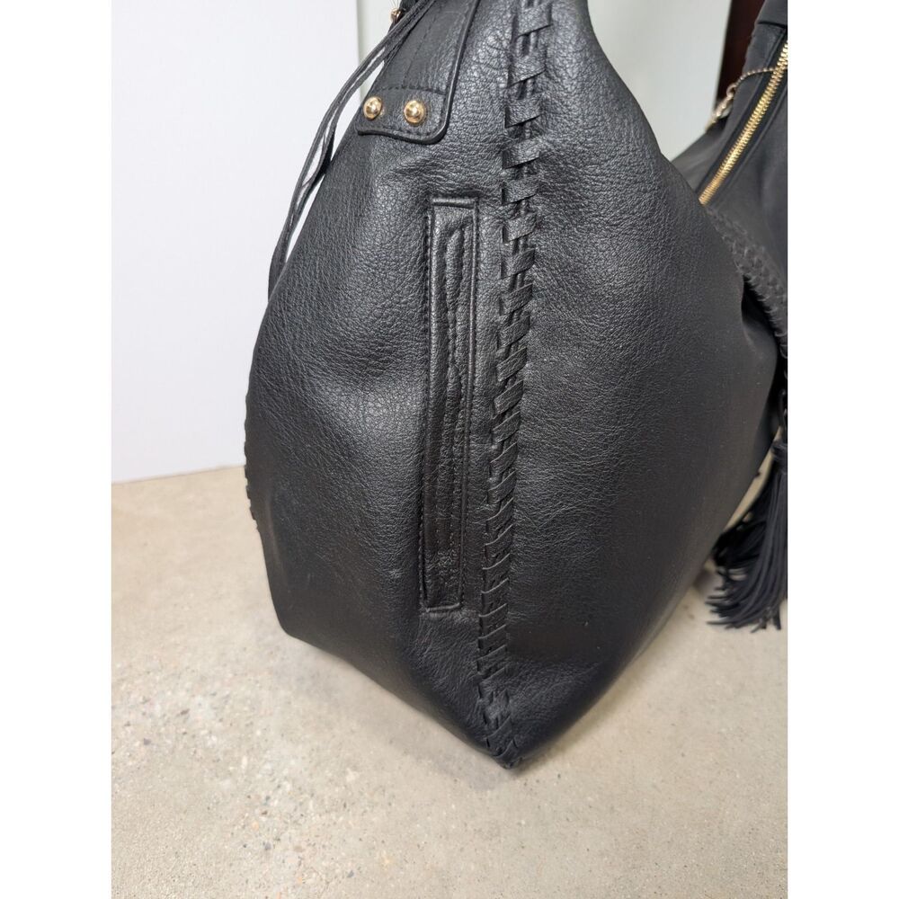 Big Buddha Black Vegan Leather Hobo Bag Whipstitch Tassels Braided Strap Boho - Picture 16 of 16